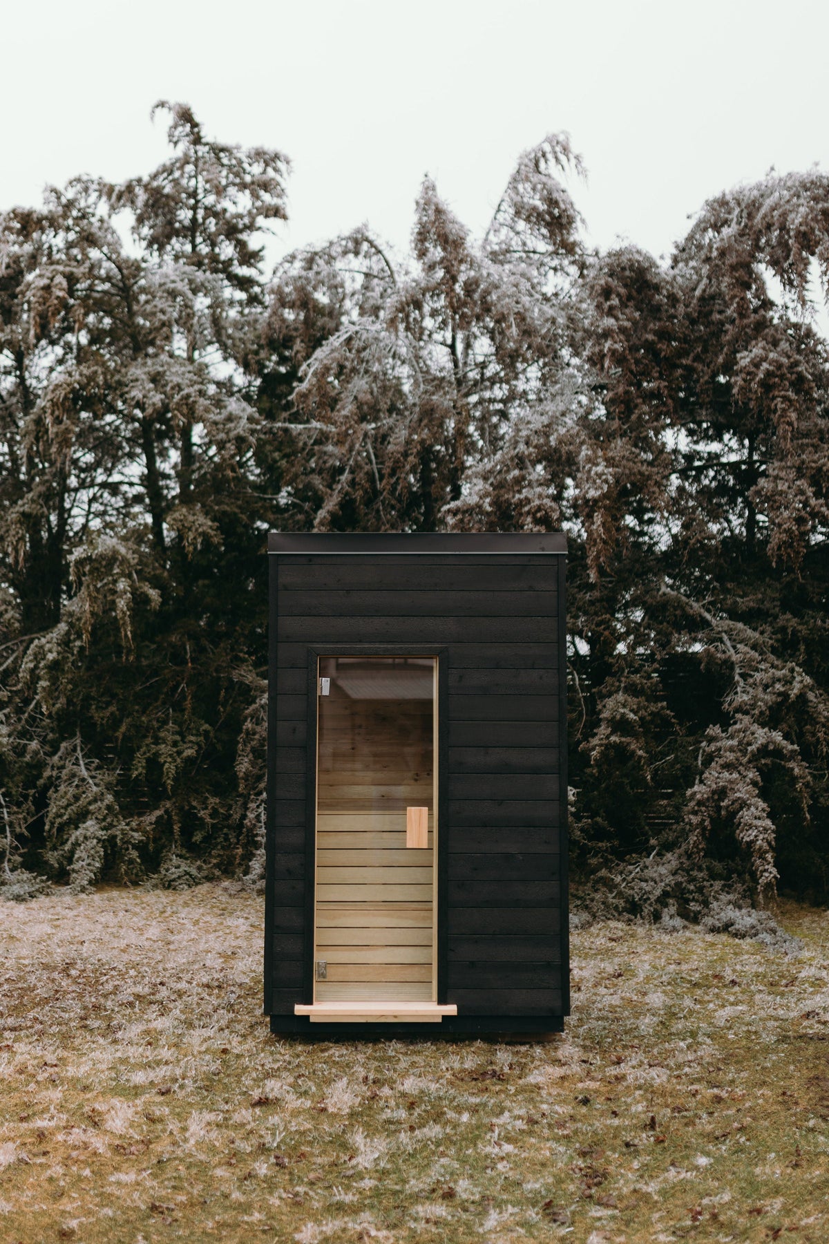 Small black wooden sauna in a forest setting