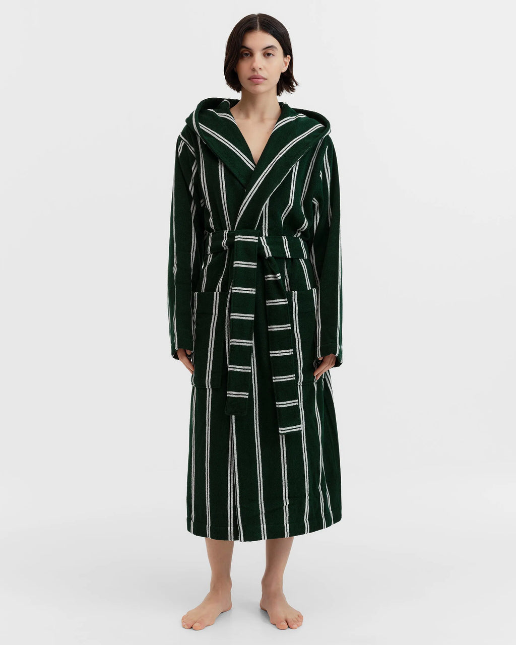 Tekla Forest Green Striped Hooded Bathrobe