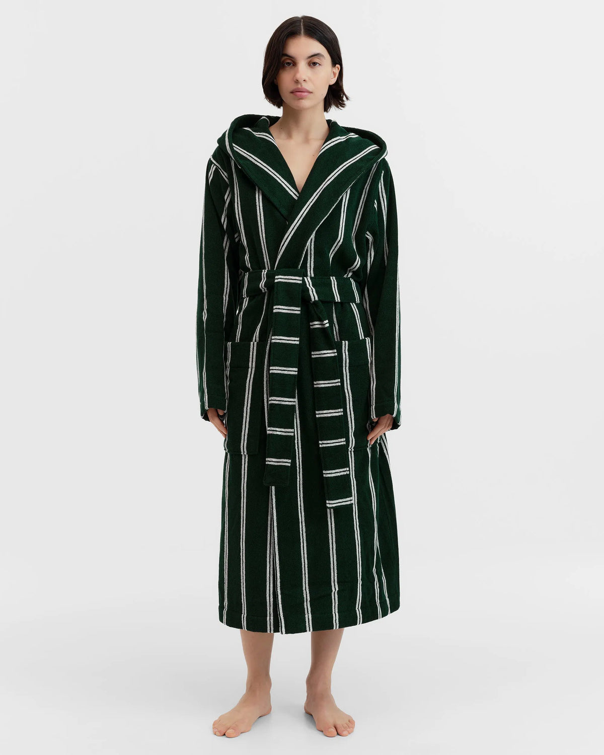 Tekla Forest Green Striped Hooded Bathrobe