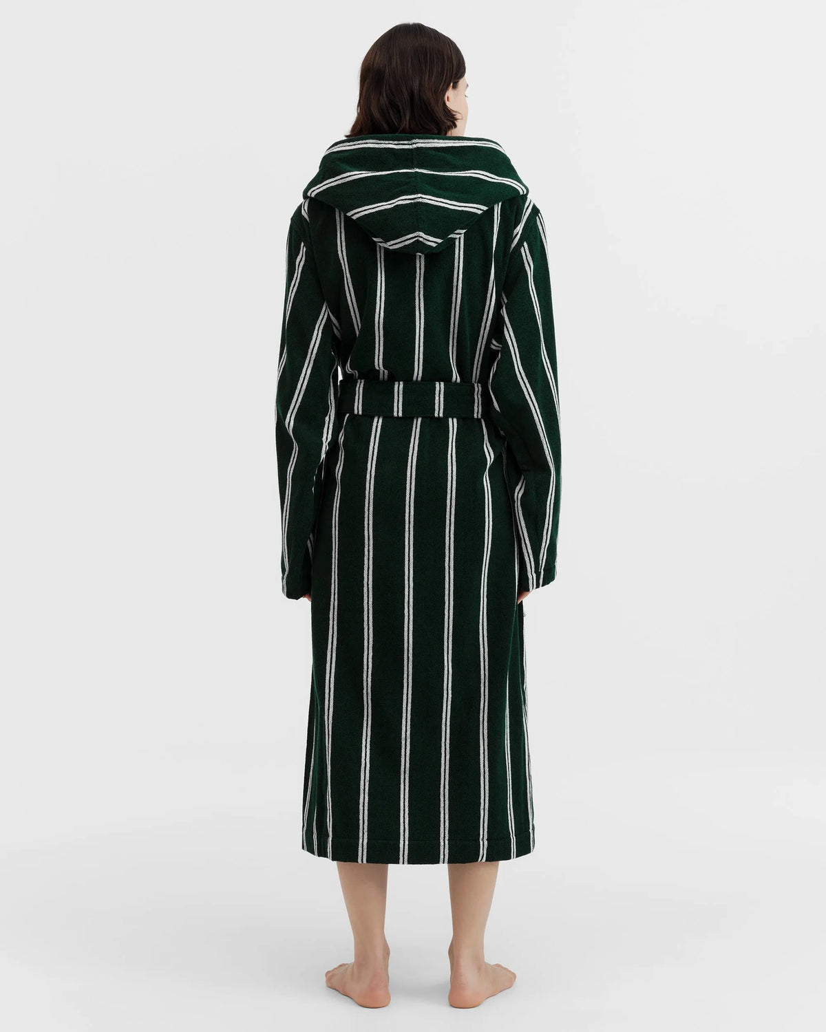 Tekla Forest Green Striped Hooded Bathrobe