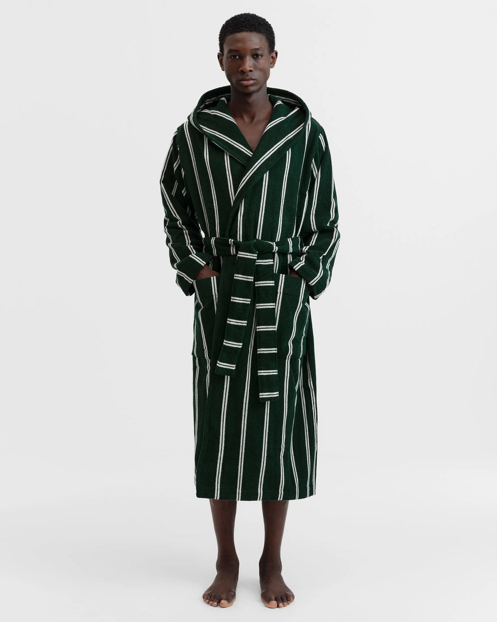 Tekla Forest Green Striped Hooded Bathrobe