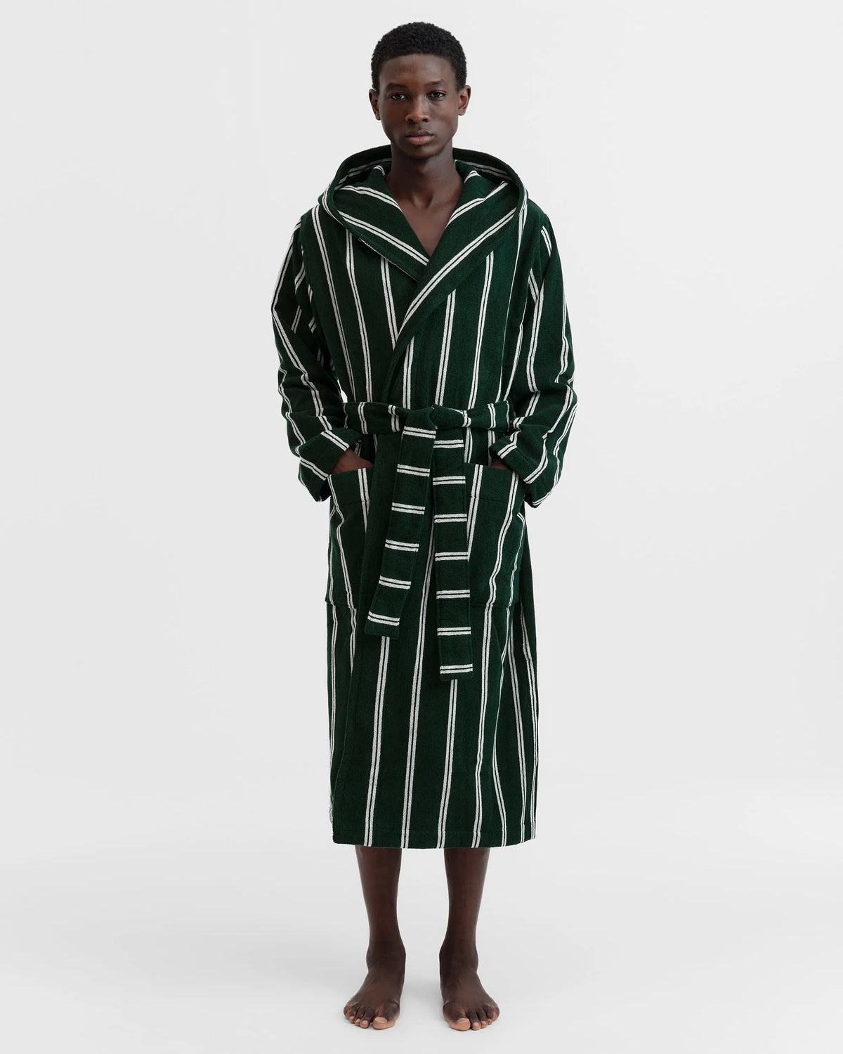 Tekla Forest Green Striped Hooded Bathrobe