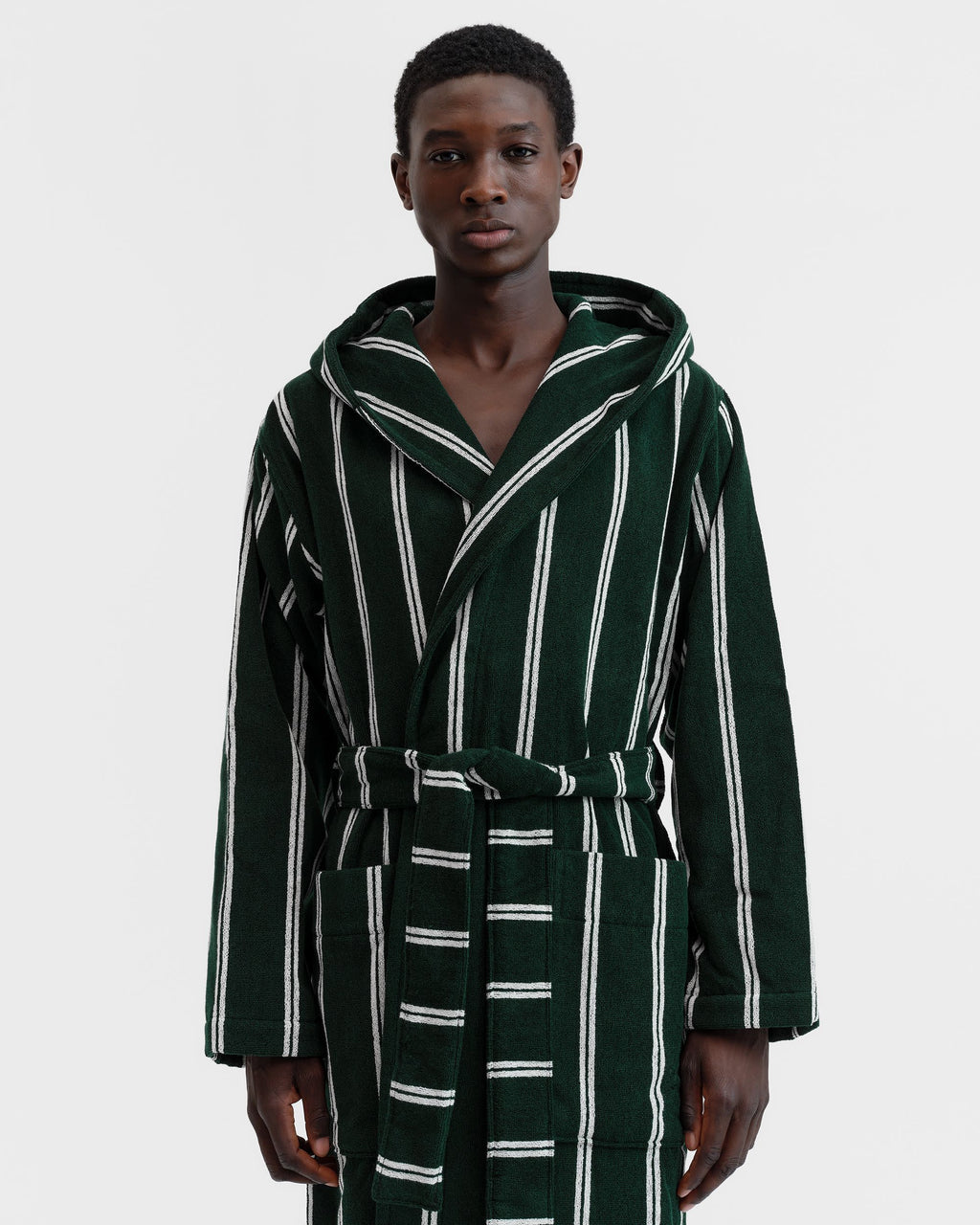 Tekla Forest Green Striped Hooded Bathrobe