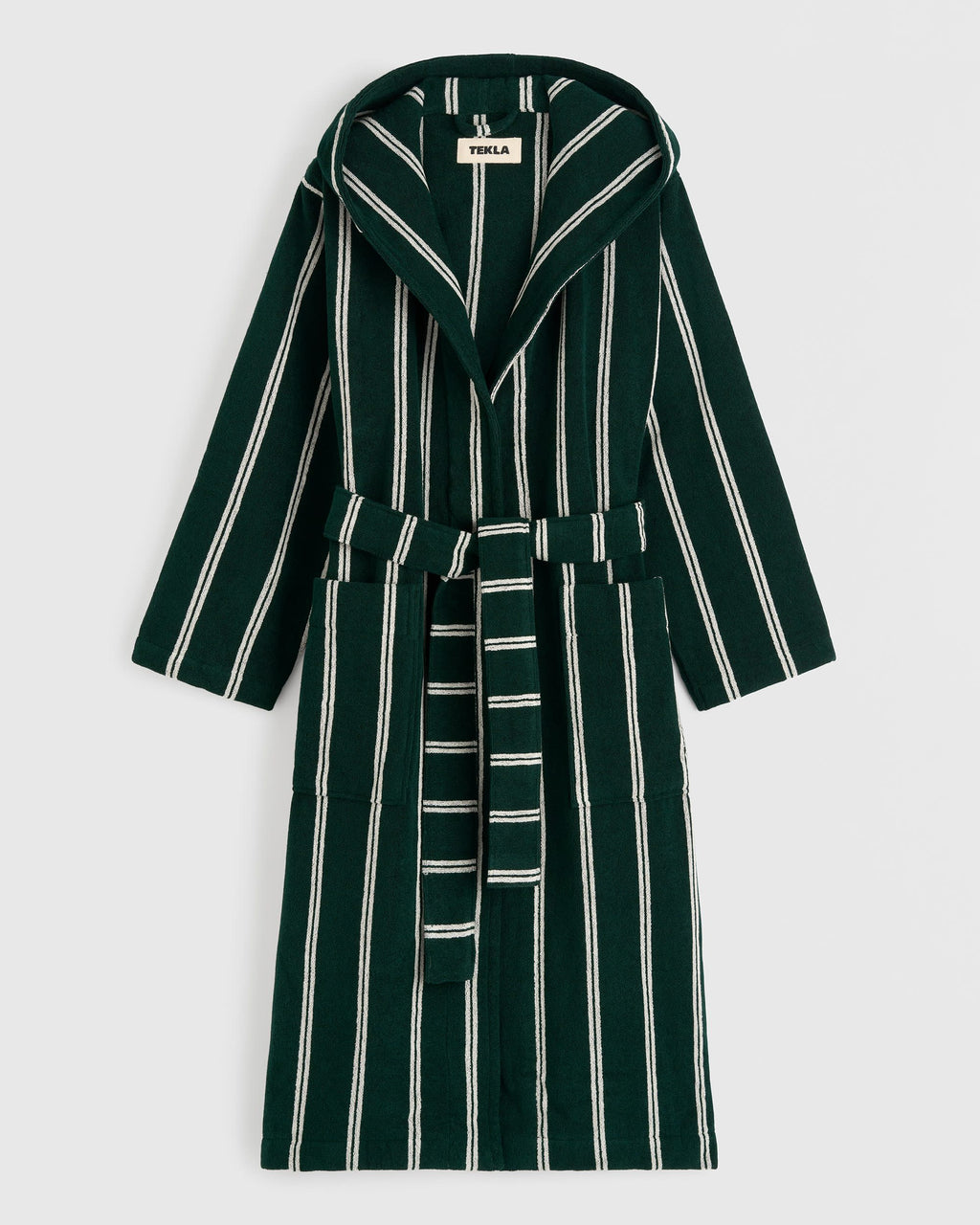 Tekla Forest Green Striped Hooded Bathrobe