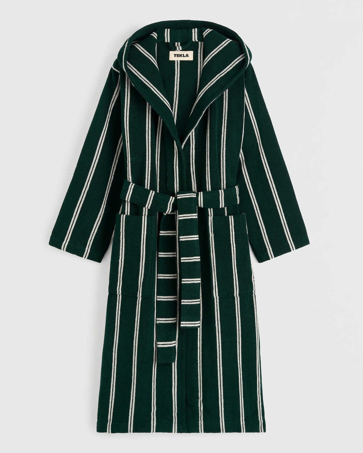 Tekla Forest Green Striped Hooded Bathrobe